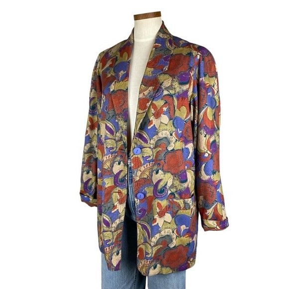 Vintage Jackets & Blazers - Vintage La Fleur Raw Silk Abstract Floral Blazer Sz M